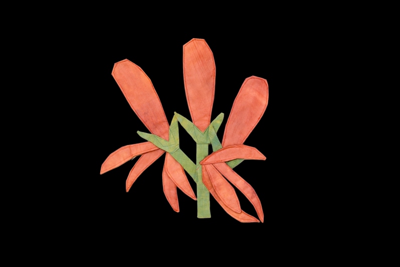 Product Description: "Cardinal Flower" by Kayla Powers</br></br>Cotton, linen, silk, wool, copper, batting, drop cloth</br>24 x 24 in.</br>2025</br> Cardinal Flower by K. Powers